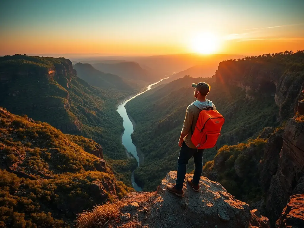 A vibrant photograph of a traveler standing on a mountaintop, overlooking a breathtaking landscape at sunset. The image evokes a sense of adventure and discovery, perfect for the travel category.